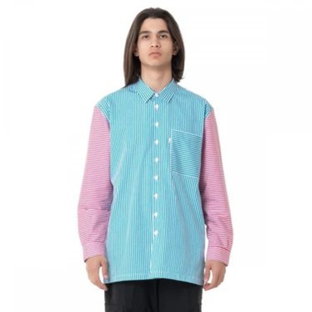Bonsai Mens Striped Colorblock Button Up Shirt Teal Pink White Long Sleeve